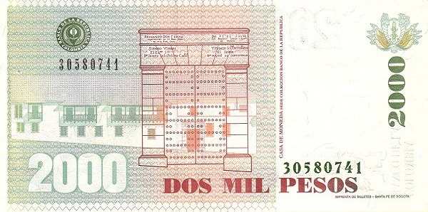 Колумбия: 1000 песо 1996-1999 г. (реверс)