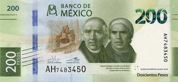 Мексика: 200 песо 2018-2022 г. (аверс)